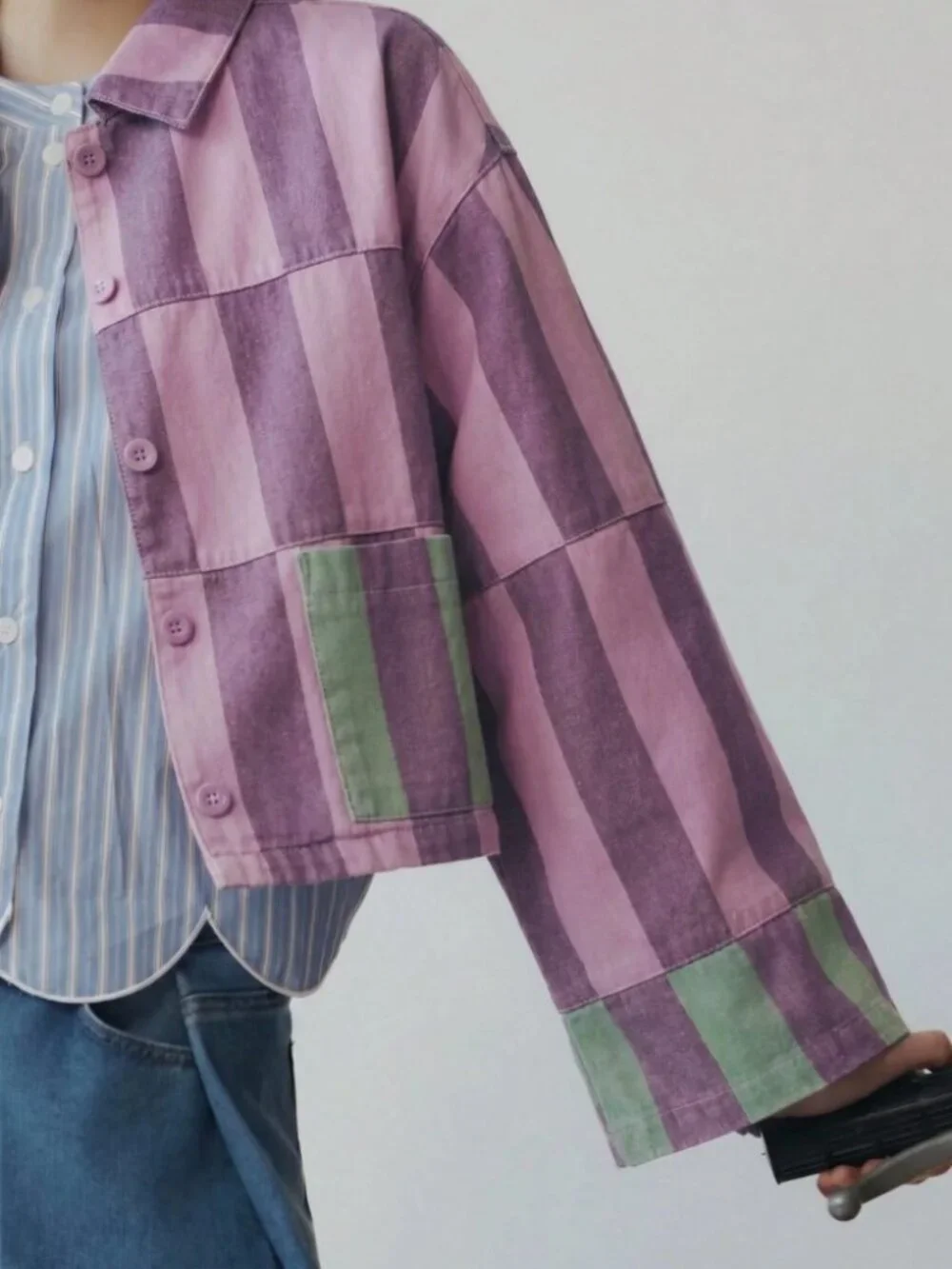 Mauve Pink Patchwork Denim Jacket with Contrast Trim